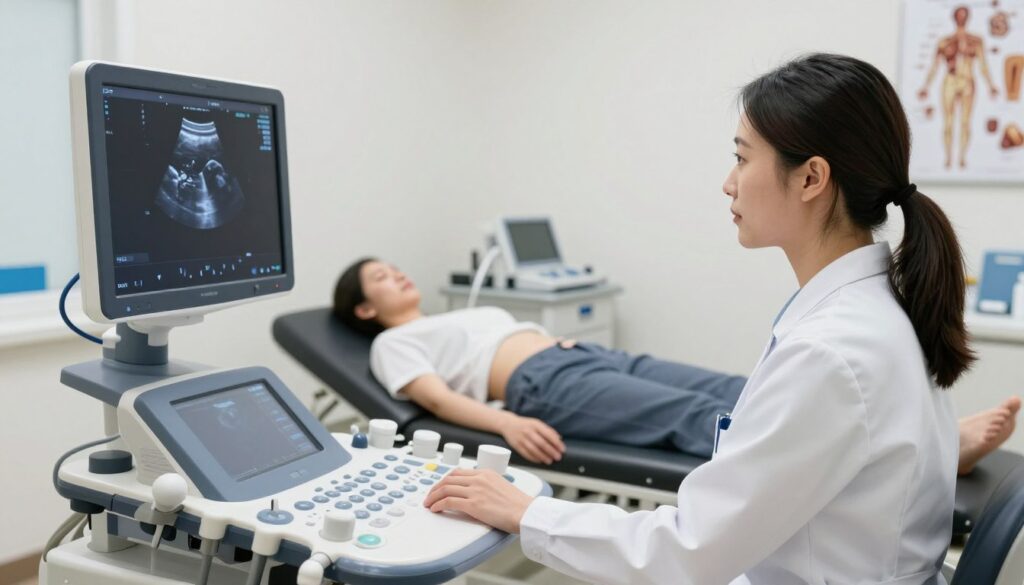 A bright and clinical medical examination room focused on abdominal ultrasound diagnostics. In the foreground, a professional female technician in a lab coat is operating a modern ultrasound machine, looking intently at the screen displaying a grayscale image of abdominal organs. In the middle, a patient, dressed in modest clothing, lies comfortably on an examination table, appearing relaxed and reassured. The background features neatly arranged medical equipment and anatomical charts on the walls, enhancing the educational atmosphere. Soft, natural lighting floods the room, creating a calming ambiance. The camera angle captures the interaction between the technician and the ultrasound screen, emphasizing the procedure's importance in examining abdominal organs. A bright and clinical medical examination room focused on abdominal ultrasound diagnostics. In the foreground, a professional female technician in a lab coat is operating a modern ultrasound machine, looking intently at the screen displaying a grayscale image of abdominal organs. In the middle, a patient, dressed in modest clothing, lies comfortably on an examination table, appearing relaxed and reassured. The background features neatly arranged medical equipment and anatomical charts on the walls, enhancing the educational atmosphere. Soft, natural lighting floods the room, creating a calming ambiance. The camera angle captures the interaction between the technician and the ultrasound screen, emphasizing the procedure's importance in examining abdominal organs.