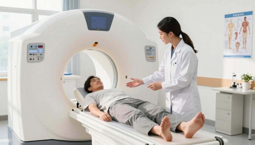 A bright, well-lit hospital examination room setting showcasing a knee MRI machine in focus. In the foreground, a medical professional in a clean, professional outfit explaining the procedure to a patient in modest casual clothing, looking reassured. The middle ground features the MRI machine with its detailed structure visible, including the control panel. Bright sunlight filters in through a window, casting soft shadows that create an inviting atmosphere. The background includes medical charts and anatomical posters related to the knee, subtly reinforcing the subject matter. The overall mood is calm and informative, emphasizing the importance of preparation for the knee MRI procedure.