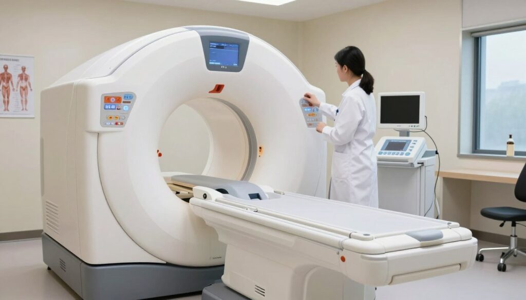 A brightly lit medical examination room showcasing a modern computed tomography (CT) scanner in the foreground. The scanner is sleek and white, with a wide opening, positioned prominently. In the middle ground, a healthcare professional in a white lab coat prepares the machine, with essential medical equipment like monitors and control panels visible. Soft, ambient lighting highlights the sterile environment, creating a sense of calm and professionalism. The background features subtle details like anatomical charts and a window with a soft outdoor light filtering through, enhancing the clinical atmosphere. The overall mood is informative and reassuring, ideal for an educational context about CT scan procedures. A brightly lit medical examination room showcasing a modern computed tomography (CT) scanner in the foreground. The scanner is sleek and white, with a wide opening, positioned prominently. In the middle ground, a healthcare professional in a white lab coat prepares the machine, with essential medical equipment like monitors and control panels visible. Soft, ambient lighting highlights the sterile environment, creating a sense of calm and professionalism. The background features subtle details like anatomical charts and a window with a soft outdoor light filtering through, enhancing the clinical atmosphere. The overall mood is informative and reassuring, ideal for an educational context about CT scan procedures.