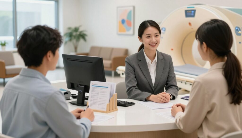 A clean and modern medical reception area designed for MRI registration. In the foreground, a professional receptionist wearing business attire is smiling while interacting with a patient, who is also dressed in modest casual clothing. The middle ground features a sleek reception desk with a computer, medical forms, and a brochure rack filled with informative materials about MRI procedures. The background includes a waiting area with comfortable chairs and calming artwork on the walls. Soft, natural lighting filters through large windows, creating a welcoming atmosphere. The focus should be on the interaction at the desk, highlighting the process of registering for an MRI in a healthcare setting. Ensure the environment conveys professionalism and care.