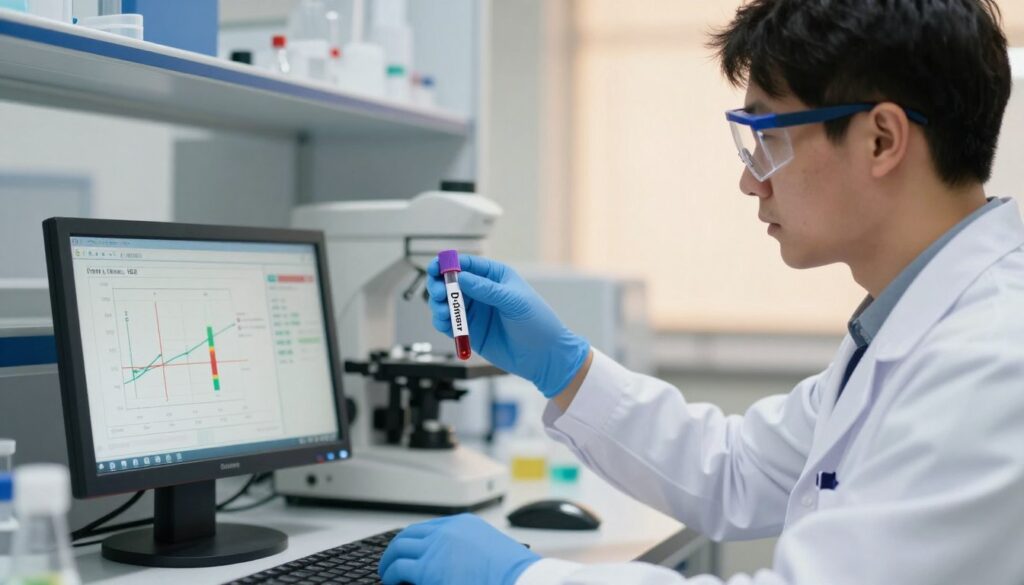 A clean, professional medical lab setting featuring a healthcare professional in a crisp white lab coat and safety glasses, attentively analyzing a digital display showing D-dimer levels. In the foreground, a close-up of a blood sample in a test tube with a noticeable label indicating "D-dimer." The middle ground shows advanced laboratory equipment and charts illustrating low and elevated D-dimer thresholds with color-coded markers. The background is softly illuminated with warm lighting, enhancing the scientific atmosphere. The overall mood is one of clarity and precision, reflecting the importance of understanding D-dimer results in a blood test. A shallow depth of field subtly blurs the equipment in the background, keeping the focus on the healthcare professional and the test tube. A clean, professional medical lab setting featuring a healthcare professional in a crisp white lab coat and safety glasses, attentively analyzing a digital display showing D-dimer levels. In the foreground, a close-up of a blood sample in a test tube with a noticeable label indicating "D-dimer." The middle ground shows advanced laboratory equipment and charts illustrating low and elevated D-dimer thresholds with color-coded markers. The background is softly illuminated with warm lighting, enhancing the scientific atmosphere. The overall mood is one of clarity and precision, reflecting the importance of understanding D-dimer results in a blood test. A shallow depth of field subtly blurs the equipment in the background, keeping the focus on the healthcare professional and the test tube.