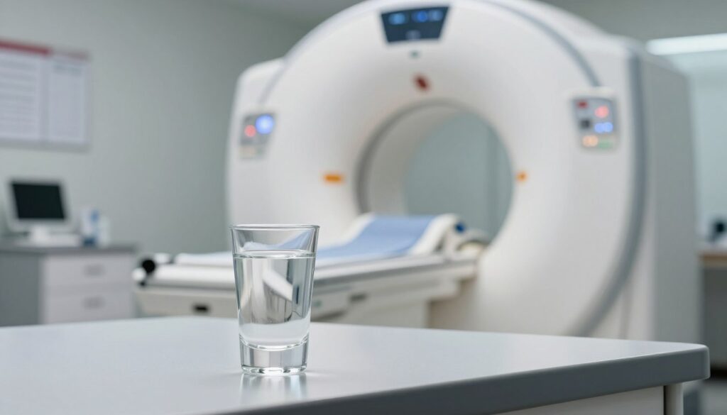 A clean, professional medical office setting with an MRI machine in the background. In the foreground, a carefully arranged glass of clear alcohol, like vodka, sits on a sleek counter, suggesting a moment of hesitation. Soft, diffused lighting creates a calm atmosphere, emphasizing the seriousness of the decision regarding alcohol consumption before an MRI scan. The background features medical charts and equipment, reinforcing the clinical environment. The composition is shot at a slight angle, showcasing the glass prominently while still highlighting the MRI machine. The overall mood conveys a thoughtful consideration of health and safety, inviting viewers to reflect on the topic at hand. A clean, professional medical office setting with an MRI machine in the background. In the foreground, a carefully arranged glass of clear alcohol, like vodka, sits on a sleek counter, suggesting a moment of hesitation. Soft, diffused lighting creates a calm atmosphere, emphasizing the seriousness of the decision regarding alcohol consumption before an MRI scan. The background features medical charts and equipment, reinforcing the clinical environment. The composition is shot at a slight angle, showcasing the glass prominently while still highlighting the MRI machine. The overall mood conveys a thoughtful consideration of health and safety, inviting viewers to reflect on the topic at hand.