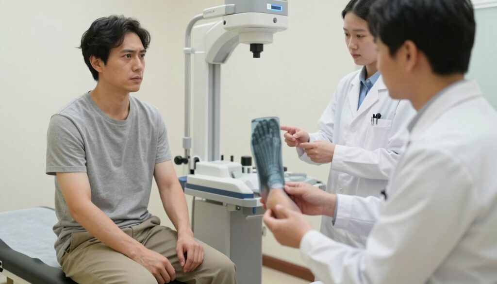 A clean, well-lit medical examination room focusing on the preparation for an X-ray of the foot. In the foreground, a patient in modest casual clothing is seated on an examination table, with a concerned yet calm expression on their face. The middle ground features an X-ray machine, with the foot positioned properly for the imaging procedure. The background includes a medical professional in a lab coat, explaining the process to the patient, creating a warm and reassuring atmosphere. Soft, natural lighting enhances the clarity of the setting, while a slight blur in the background adds depth. The angle captures the interaction between the patient and the healthcare provider, emphasizing the professionalism and care involved in the X-ray preparation. A clean, well-lit medical examination room focusing on the preparation for an X-ray of the foot. In the foreground, a patient in modest casual clothing is seated on an examination table, with a concerned yet calm expression on their face. The middle ground features an X-ray machine, with the foot positioned properly for the imaging procedure. The background includes a medical professional in a lab coat, explaining the process to the patient, creating a warm and reassuring atmosphere. Soft, natural lighting enhances the clarity of the setting, while a slight blur in the background adds depth. The angle captures the interaction between the patient and the healthcare provider, emphasizing the professionalism and care involved in the X-ray preparation.