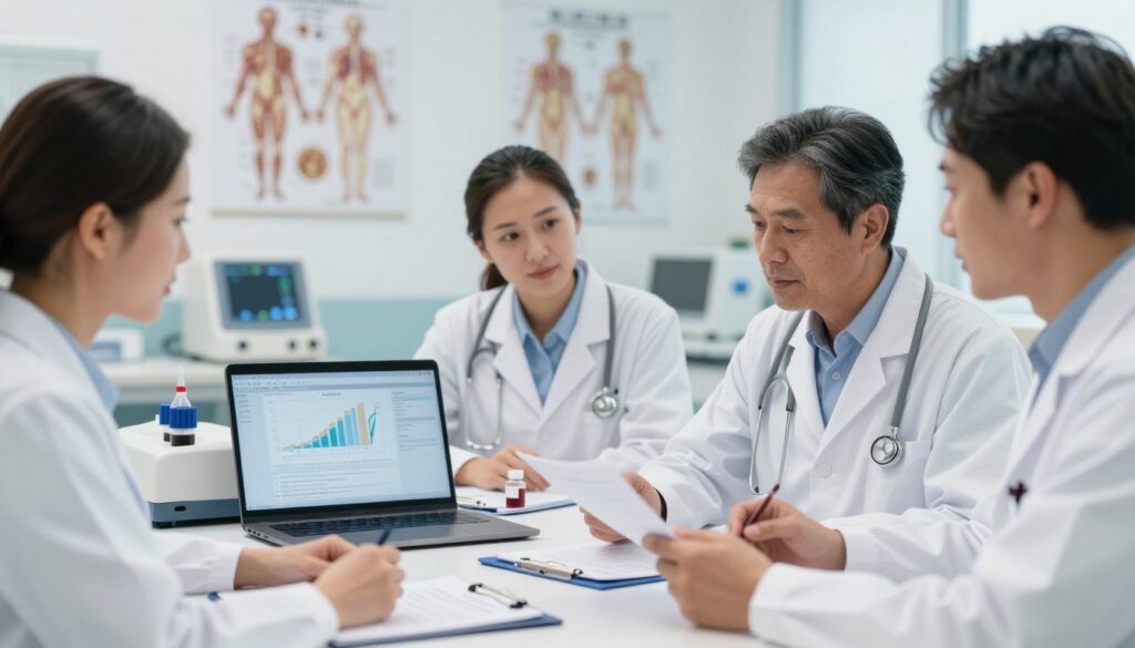 A clinical and professional setting for a medical examination related to D-dimer testing. In the foreground, depict a diverse group of healthcare professionals, wearing white lab coats, discussing test results around a table strewn with medical documents and a laptop displaying graphs and data analysis. In the middle, illustrate medical devices like a blood test vial and a coagulation analyzer, emphasizing diagnostic tools. In the background, a brightly lit hospital environment with anatomical charts on the walls and medical equipment, creating a sterile and focused atmosphere. The lighting should be soft yet illuminating, suggesting a serious yet hopeful mood, with a shallow depth of field focusing on the professionals engaged in conversation. A clinical and professional setting for a medical examination related to D-dimer testing. In the foreground, depict a diverse group of healthcare professionals, wearing white lab coats, discussing test results around a table strewn with medical documents and a laptop displaying graphs and data analysis. In the middle, illustrate medical devices like a blood test vial and a coagulation analyzer, emphasizing diagnostic tools. In the background, a brightly lit hospital environment with anatomical charts on the walls and medical equipment, creating a sterile and focused atmosphere. The lighting should be soft yet illuminating, suggesting a serious yet hopeful mood, with a shallow depth of field focusing on the professionals engaged in conversation.