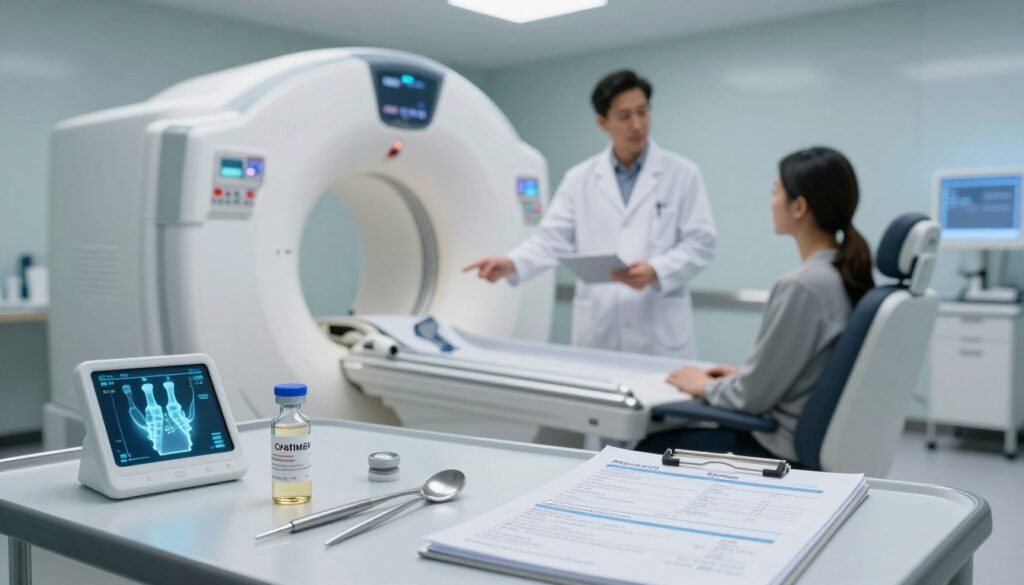 A clinical examination room featuring a detailed focus on a high-tech MRI machine in the background, illuminated by soft, cool overhead lighting. In the foreground, a neatly arranged set of medical instruments, including a vial of creatinine and a holographic representation of dental implants. On a nearby table, a patient’s chart displays health information regarding pre-MRI preparations. The mid-ground has a medical professional wearing a lab coat, carefully explaining procedures to an attentive patient sitting in a comfortable chair. The scene should evoke a sense of professionalism and calm, capturing the seriousness of pre-MRI assessments. The angle should be slightly elevated, showcasing the procedural context without overcrowding the image, ensuring it's suitable for educational purposes. A clinical examination room featuring a detailed focus on a high-tech MRI machine in the background, illuminated by soft, cool overhead lighting. In the foreground, a neatly arranged set of medical instruments, including a vial of creatinine and a holographic representation of dental implants. On a nearby table, a patient’s chart displays health information regarding pre-MRI preparations. The mid-ground has a medical professional wearing a lab coat, carefully explaining procedures to an attentive patient sitting in a comfortable chair. The scene should evoke a sense of professionalism and calm, capturing the seriousness of pre-MRI assessments. The angle should be slightly elevated, showcasing the procedural context without overcrowding the image, ensuring it's suitable for educational purposes.