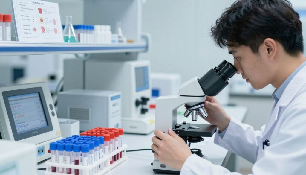 A clinical laboratory setting focused on D-dimer testing. In the foreground, a close-up of a professional scientist in a lab coat examining blood samples through a microscope, showcasing a look of concentration. In the middle, an array of vials and testing equipment neatly arranged on a lab bench, with digital displays showing elevated D-dimer levels. The background reveals a softly lit laboratory, filled with advanced medical equipment and charts depicting the causes of elevated D-dimer levels, such as thrombosis and pulmonary embolism. Soft, white lighting creates a sterile atmosphere, evoking professionalism and scientific rigor. The angle is slightly elevated, capturing the scientist’s perspective while outlining the workspace effectively.