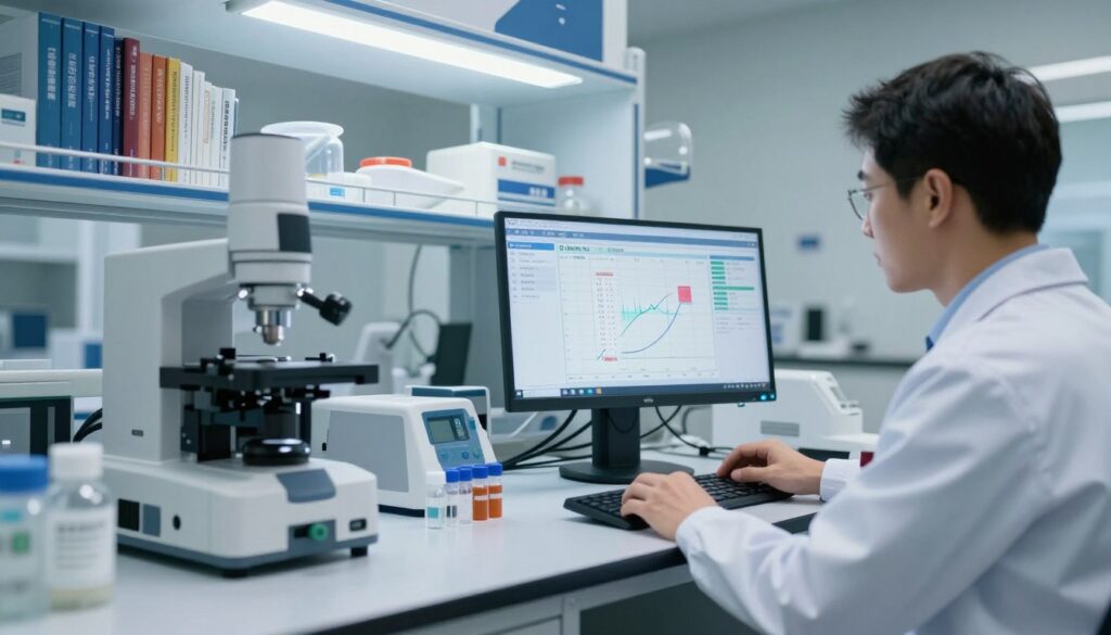 A clinical setting focusing on advanced medical diagnostics, showing a laboratory with high-tech equipment for analyzing D-dimer levels. In the foreground, a professional medical technician in business attire is carefully examining digital test results on a large screen displaying the D-dimer value of 30000, showcasing graphs and data. In the middle, various advanced diagnostic tools and vials are neatly arranged on a counter, illuminated by bright, clean overhead lighting. The background features shelves filled with medical textbooks and reference materials, contributing to an organized atmosphere of professionalism. The ambiance is serious and focused, reflecting the urgency and importance of high D-dimer results and further diagnostic processes. The image is shot from a slight angle to create depth and maintain a clear perspective.