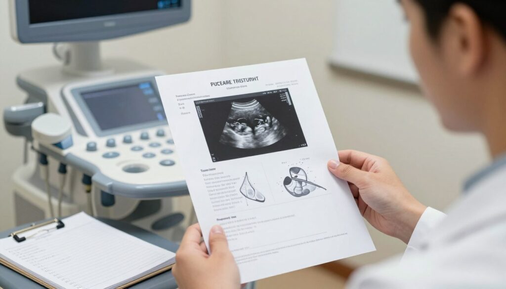 A close-up view of a thyroid ultrasound examination result, prominently featuring a detailed, printed report with clear anatomical diagrams and highlighted findings. In the foreground, a healthcare professional in a white lab coat examines the report, showcasing a focused expression. The middle ground includes a modern medical office setup, with a sterile ultrasound machine and a notebook filled with notes. The background should display soft lighting to create a calm, professional atmosphere, with neutral tones reflecting a healthcare environment. The focus is on the healing process after receiving test results, conveying a sense of hope and reassurance. A close-up view of a thyroid ultrasound examination result, prominently featuring a detailed, printed report with clear anatomical diagrams and highlighted findings. In the foreground, a healthcare professional in a white lab coat examines the report, showcasing a focused expression. The middle ground includes a modern medical office setup, with a sterile ultrasound machine and a notebook filled with notes. The background should display soft lighting to create a calm, professional atmosphere, with neutral tones reflecting a healthcare environment. The focus is on the healing process after receiving test results, conveying a sense of hope and reassurance.