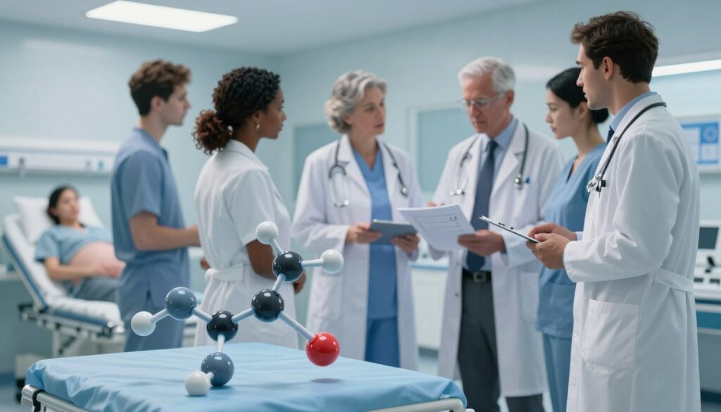 A conceptual illustration depicting an elevated level of D-dimers during pregnancy and post-surgery. The foreground features a detailed, clinical representation of a D-dimer molecular structure, showcasing various interconnected strands symbolizing clotting activity. In the middle ground, a diverse group of physicians, dressed in professional business attire, discusses a medical chart showing rising D-dimer levels. The background includes a softly lit hospital environment with medical equipment and a pregnant patient being monitored. The atmosphere is serious yet informative, with a color palette of soothing blues and whites to convey a clinical setting. Natural lighting from overhead fixtures casts gentle shadows, emphasizing the focus on the interaction and the molecular structure display. A conceptual illustration depicting an elevated level of D-dimers during pregnancy and post-surgery. The foreground features a detailed, clinical representation of a D-dimer molecular structure, showcasing various interconnected strands symbolizing clotting activity. In the middle ground, a diverse group of physicians, dressed in professional business attire, discusses a medical chart showing rising D-dimer levels. The background includes a softly lit hospital environment with medical equipment and a pregnant patient being monitored. The atmosphere is serious yet informative, with a color palette of soothing blues and whites to convey a clinical setting. Natural lighting from overhead fixtures casts gentle shadows, emphasizing the focus on the interaction and the molecular structure display.