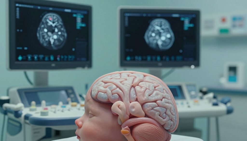 A detailed 3D rendering of a fetal brain during a transcranial Doppler ultrasound examination. In the foreground, focus on the intricately structured cerebellum, highlighted with soft, diffused lighting to emphasize its features. The middle layer should show the ultrasound machine's screen displaying the brain scan with clear, labeled outlines of the cerebellum. In the background, include faint, abstract representations of hospital equipment to create a clinical atmosphere. The overall color palette should consist of soothing blues and greens to evoke a sense of calm and professionalism. The scene should be viewed from an angle that suggests an examination setting, with a soft focus on the equipment and an inviting, informative ambiance. A detailed 3D rendering of a fetal brain during a transcranial Doppler ultrasound examination. In the foreground, focus on the intricately structured cerebellum, highlighted with soft, diffused lighting to emphasize its features. The middle layer should show the ultrasound machine's screen displaying the brain scan with clear, labeled outlines of the cerebellum. In the background, include faint, abstract representations of hospital equipment to create a clinical atmosphere. The overall color palette should consist of soothing blues and greens to evoke a sense of calm and professionalism. The scene should be viewed from an angle that suggests an examination setting, with a soft focus on the equipment and an inviting, informative ambiance.