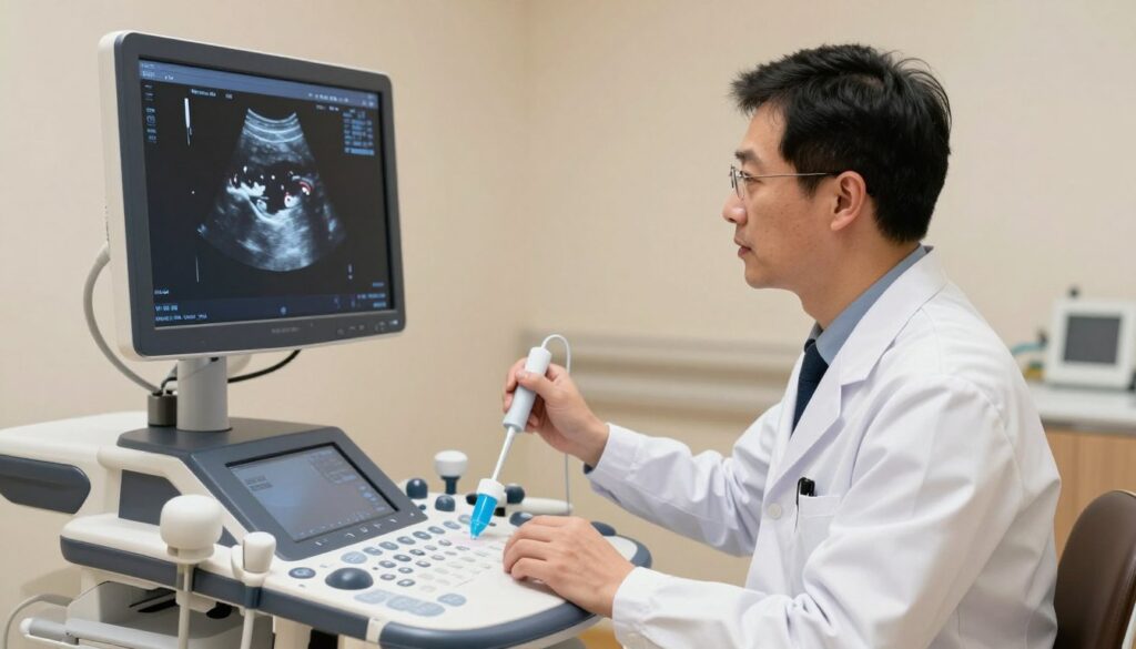 A detailed and accurate illustration of a thyroid ultrasound examination, focusing on the evaluation of nodules and gland changes. The foreground features a high-resolution ultrasound monitor displaying a clear image of the thyroid gland with visible nodules, surrounded by a professional ultrasound machine. In the middle ground, a physician in smart business attire, with a focused expression, is attentively analyzing the monitor, equipped with a gel applicator and ultrasound probe. The background showcases a softly lit, modern medical examination room, with neutral-toned walls and minimal medical equipment. The lighting is warm and inviting, creating a clinical yet comforting atmosphere, emphasizing the professionalism of the examination process. The composition includes no text or distractions, solely focusing on the examination scenario. A detailed and accurate illustration of a thyroid ultrasound examination, focusing on the evaluation of nodules and gland changes. The foreground features a high-resolution ultrasound monitor displaying a clear image of the thyroid gland with visible nodules, surrounded by a professional ultrasound machine. In the middle ground, a physician in smart business attire, with a focused expression, is attentively analyzing the monitor, equipped with a gel applicator and ultrasound probe. The background showcases a softly lit, modern medical examination room, with neutral-toned walls and minimal medical equipment. The lighting is warm and inviting, creating a clinical yet comforting atmosphere, emphasizing the professionalism of the examination process. The composition includes no text or distractions, solely focusing on the examination scenario.