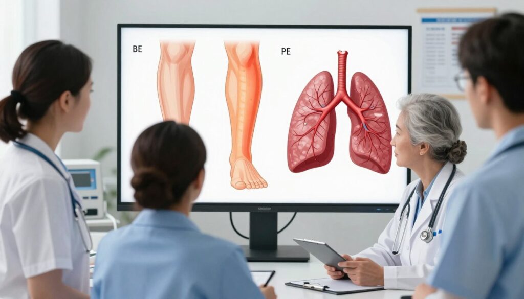 A detailed and informative illustration depicting the symptoms of deep vein thrombosis (DVT) and pulmonary embolism (PE). In the foreground, a diverse group of three medical professionals, dressed in professional attire, are examining a digital display that shows anatomical illustrations of blood clots in veins and arteries. In the middle ground, incorporate a close-up view of a human leg showing signs of swelling, warmth, and discoloration, alongside a pulsating lung graphic representing impaired blood flow. In the background, create a clinical environment that includes medical equipment and charts related to coagulation markers. Use soft, natural lighting to evoke a sense of professionalism and urgency, emphasizing the importance of recognizing these conditions in patient care. A detailed and informative illustration depicting the symptoms of deep vein thrombosis (DVT) and pulmonary embolism (PE). In the foreground, a diverse group of three medical professionals, dressed in professional attire, are examining a digital display that shows anatomical illustrations of blood clots in veins and arteries. In the middle ground, incorporate a close-up view of a human leg showing signs of swelling, warmth, and discoloration, alongside a pulsating lung graphic representing impaired blood flow. In the background, create a clinical environment that includes medical equipment and charts related to coagulation markers. Use soft, natural lighting to evoke a sense of professionalism and urgency, emphasizing the importance of recognizing these conditions in patient care.