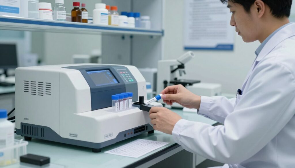 A detailed and informative laboratory setting showcasing d-dimer testing. In the foreground, a professional medical technician in a white lab coat, using advanced laboratory equipment such as a blood analysis machine with vials and test tubes visibly labeled. The middle ground features a clear glass table with a detailed chart of normal d-dimer levels (such as 0-500 ng/mL), highlighting the standards and varying results. The background contains shelves neatly organized with various medical supplies and posters explaining d-dimer testing methods. Soft, ambient lighting illuminates the room, creating a clean and sterile atmosphere, while a subtle focus on the technician conveys professionalism and expertise in the field of hematology.
