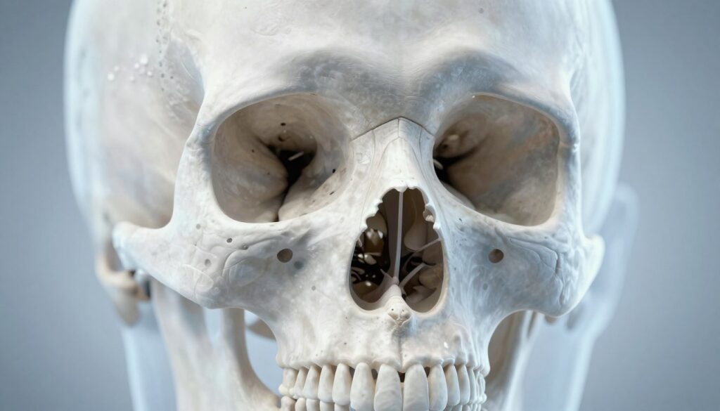 A detailed and realistic X-ray projection of a human skull and paranasal sinuses, showcasing clear anatomical structures. In the foreground, emphasize the cranial contours, maxillary sinuses, and nasal cavity, displayed in a natural light that highlights the bone density variations. In the middle ground, enhance the definition of the zygomatic arch and the orbital cavities, ensuring a clean and precise depiction. In the background, use a subtle gradient to suggest depth, focusing on a light blue-gray tone that conveys a clinical atmosphere. The image should be captured at a slight angle that emphasizes the three-dimensional features of the skull, creating an informative and educational mood without any text, overlays, or distractions. A detailed and realistic X-ray projection of a human skull and paranasal sinuses, showcasing clear anatomical structures. In the foreground, emphasize the cranial contours, maxillary sinuses, and nasal cavity, displayed in a natural light that highlights the bone density variations. In the middle ground, enhance the definition of the zygomatic arch and the orbital cavities, ensuring a clean and precise depiction. In the background, use a subtle gradient to suggest depth, focusing on a light blue-gray tone that conveys a clinical atmosphere. The image should be captured at a slight angle that emphasizes the three-dimensional features of the skull, creating an informative and educational mood without any text, overlays, or distractions.