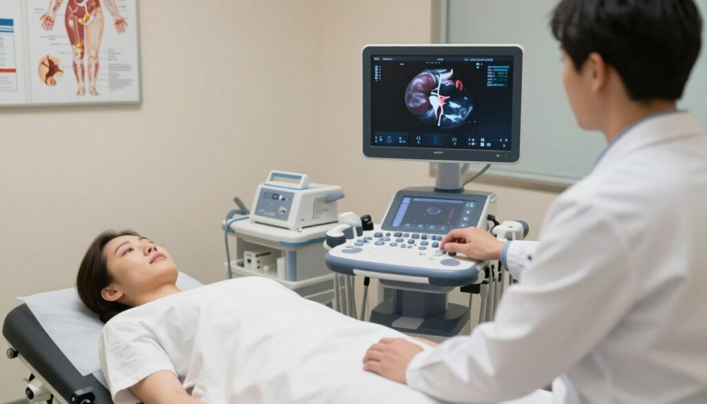 A detailed, clinical setting illustrating an ultrasound examination of the urinary system, featuring a patient lying comfortably on an examination table in a modern medical room. In the foreground, a healthcare professional, dressed in a white lab coat, skillfully operating the ultrasound machine. The ultrasound screen displays clear images of the kidneys and surrounding organs, emphasizing the examination of potential abnormalities. The middle layer includes medical equipment and a well-organized backdrop with anatomical charts and soft, ambient lighting to create a calming atmosphere. The room features neutral colors to evoke professionalism and trust. Capture the scene from a slightly elevated angle to convey the thoroughness of the procedure while maintaining a supportive and reassuring mood for the patient. A detailed, clinical setting illustrating an ultrasound examination of the urinary system, featuring a patient lying comfortably on an examination table in a modern medical room. In the foreground, a healthcare professional, dressed in a white lab coat, skillfully operating the ultrasound machine. The ultrasound screen displays clear images of the kidneys and surrounding organs, emphasizing the examination of potential abnormalities. The middle layer includes medical equipment and a well-organized backdrop with anatomical charts and soft, ambient lighting to create a calming atmosphere. The room features neutral colors to evoke professionalism and trust. Capture the scene from a slightly elevated angle to convey the thoroughness of the procedure while maintaining a supportive and reassuring mood for the patient.
