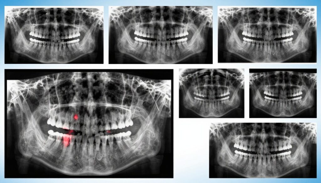 A detailed compilation of dental X-ray images showcasing various types of dental conditions, prominently featuring clear views of teeth and jawbones. In the foreground, a vivid close-up of an X-ray revealing an infected tooth with visible inflammation and surrounding bone structure; focus on the intricate details of the root canal and infection site. The middle ground displays different types of X-rays, including panoramic and periapical images, arranged methodically. The background should be a soft gradient with professional lighting highlighting the X-ray images, offering a clinical and educational mood. Capture sharp contrasts to emphasize bone density and soft tissue variations, ensuring clarity and precision throughout the visual. The overall atmosphere is informative and technical, suited for a healthcare audience. A detailed compilation of dental X-ray images showcasing various types of dental conditions, prominently featuring clear views of teeth and jawbones. In the foreground, a vivid close-up of an X-ray revealing an infected tooth with visible inflammation and surrounding bone structure; focus on the intricate details of the root canal and infection site. The middle ground displays different types of X-rays, including panoramic and periapical images, arranged methodically. The background should be a soft gradient with professional lighting highlighting the X-ray images, offering a clinical and educational mood. Capture sharp contrasts to emphasize bone density and soft tissue variations, ensuring clarity and precision throughout the visual. The overall atmosphere is informative and technical, suited for a healthcare audience.