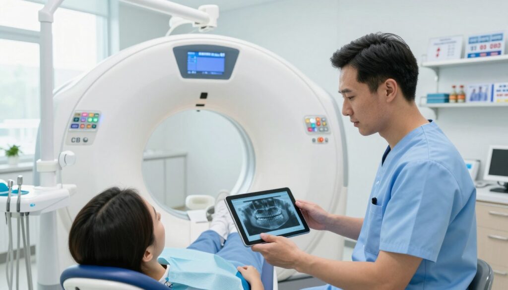 A detailed dental clinic scene showcasing the cost analysis of CBCT scans. In the foreground, a dentist in professional attire examines a patient's dental x-ray on a digital tablet, with a focused expression. The middle ground features a modern CBCT machine, sleek and high-tech, situated in a clean, well-lit treatment room. Bright, natural light filters through large windows, illuminating the space. In the background, dental equipment and charts about pricing and cost factors are neatly organized on shelves. The atmosphere is calm and professional, with a color palette of soft blues and whites to evoke a sense of trust and cleanliness. The composition should capture the essence of modern dentistry, emphasizing the importance of understanding the costs associated with CBCT scans.