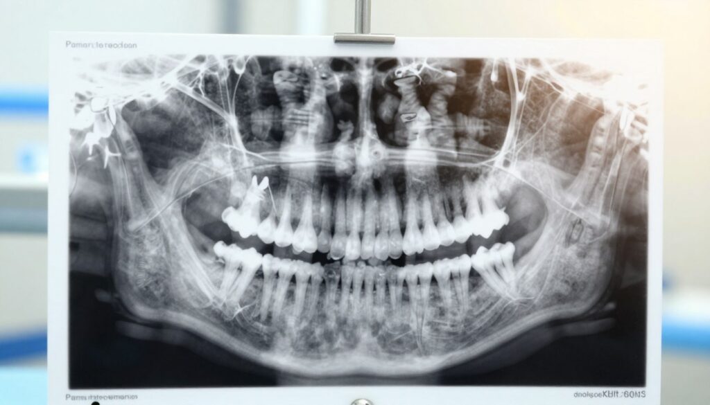 A detailed dental panoramic radiograph (pantomogram) showcasing the lower jaw, focusing on an impacted wisdom tooth, also known as an "ósemka," alongside the site prepared for an implant. In the foreground, the radiograph should prominently display distinct tooth structures with clear visibility of decay and positioning relative to adjacent teeth. The middle ground features anatomical landmarks like the jawbone and sinus cavities, rendered in a slightly blurred effect to emphasize the focused area. The background should subtly include dental tools and a soft gradient light to create a clinical atmosphere. Use a bright and clean lighting setup to enhance clarity and detail, capturing a sense of professionalism and precision in dental care. A detailed dental panoramic radiograph (pantomogram) showcasing the lower jaw, focusing on an impacted wisdom tooth, also known as an "ósemka," alongside the site prepared for an implant. In the foreground, the radiograph should prominently display distinct tooth structures with clear visibility of decay and positioning relative to adjacent teeth. The middle ground features anatomical landmarks like the jawbone and sinus cavities, rendered in a slightly blurred effect to emphasize the focused area. The background should subtly include dental tools and a soft gradient light to create a clinical atmosphere. Use a bright and clean lighting setup to enhance clarity and detail, capturing a sense of professionalism and precision in dental care.