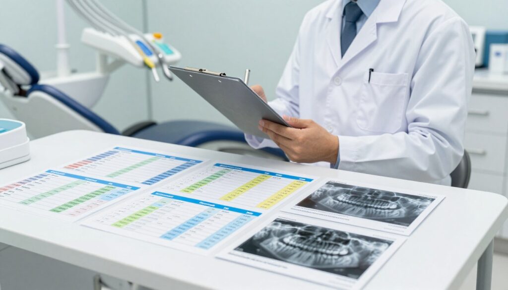A detailed dental pricing chart showcasing various types of dental X-rays, such as panoramic, bitewing, and periapical images. In the foreground, display a clean, professional table filled with bright, colorful charts and images of dental X-rays. In the middle ground, include a dental professional, dressed in a white lab coat, reviewing the pricing with a clipboard in hand. The background features a well-lit, sterile dental office environment with dental equipment and a dental chair, suggesting a clinical atmosphere. The lighting is soft yet clear, highlighting the details on the table and giving a welcoming feel to the space. The overall mood is informative and professional, ideal for an educational context. A detailed dental pricing chart showcasing various types of dental X-rays, such as panoramic, bitewing, and periapical images. In the foreground, display a clean, professional table filled with bright, colorful charts and images of dental X-rays. In the middle ground, include a dental professional, dressed in a white lab coat, reviewing the pricing with a clipboard in hand. The background features a well-lit, sterile dental office environment with dental equipment and a dental chair, suggesting a clinical atmosphere. The lighting is soft yet clear, highlighting the details on the table and giving a welcoming feel to the space. The overall mood is informative and professional, ideal for an educational context.