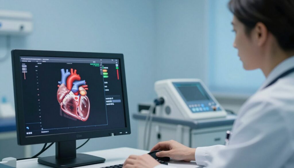 A detailed echocardiogram image showcasing the heart's anatomy and function, focusing on a virtual display of the heart's chambers, valves, and blood flow patterns. In the foreground, a high-resolution echocardiogram screen captures vivid color Doppler techniques, revealing the dynamic movement of blood through the heart. The middle ground features a healthcare professional, wearing a white coat and a stethoscope, intently analyzing the scan. The background includes a softly lit medical examination room, with equipment neatly organized and a calming blue color scheme. The mood should convey professionalism and trust, emphasizing precision in cardiac examination, with soft, ambient lighting to create a reassuring atmosphere. A detailed echocardiogram image showcasing the heart's anatomy and function, focusing on a virtual display of the heart's chambers, valves, and blood flow patterns. In the foreground, a high-resolution echocardiogram screen captures vivid color Doppler techniques, revealing the dynamic movement of blood through the heart. The middle ground features a healthcare professional, wearing a white coat and a stethoscope, intently analyzing the scan. The background includes a softly lit medical examination room, with equipment neatly organized and a calming blue color scheme. The mood should convey professionalism and trust, emphasizing precision in cardiac examination, with soft, ambient lighting to create a reassuring atmosphere.