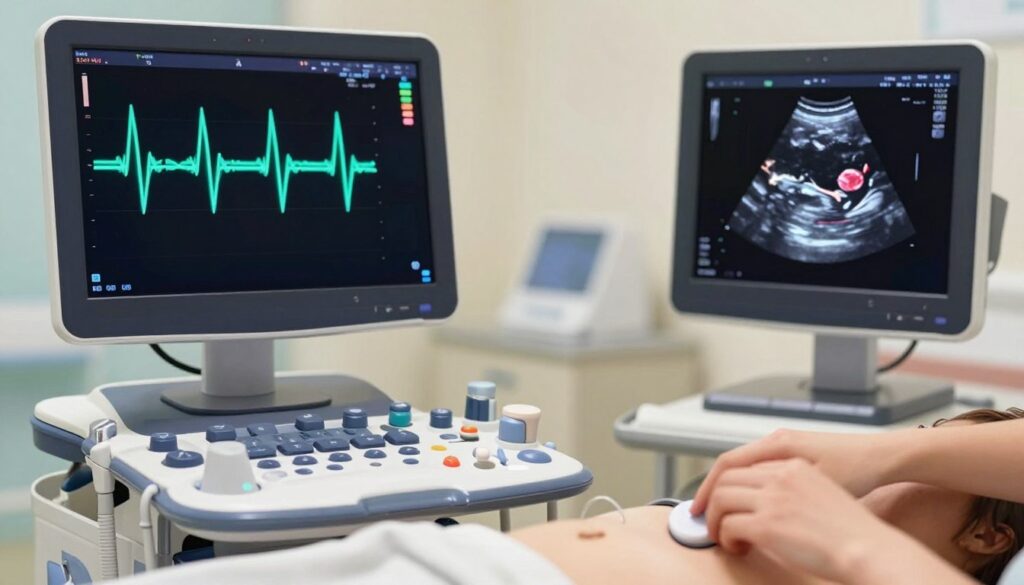 A detailed, high-resolution illustration of a fetal Doppler ultrasound image showcasing the umbilical artery flow. The foreground features a clear view of the ultrasound monitor displaying vibrant waveforms and color-coded blood flow results, indicating different velocities of the umbilical artery. The middle ground includes professional medical equipment, like the ultrasound transducer positioned on the mother's abdomen, with a gentle hand guiding it. In the background, softly blurred hospital room elements contribute to a clinical atmosphere, with soft, diffused lighting highlighting the monitor's screen. This image captures a serene and informative mood, designed to emphasize the importance of Doppler ultrasound in assessing fetal health and blood flow dynamics. A detailed, high-resolution illustration of a fetal Doppler ultrasound image showcasing the umbilical artery flow. The foreground features a clear view of the ultrasound monitor displaying vibrant waveforms and color-coded blood flow results, indicating different velocities of the umbilical artery. The middle ground includes professional medical equipment, like the ultrasound transducer positioned on the mother's abdomen, with a gentle hand guiding it. In the background, softly blurred hospital room elements contribute to a clinical atmosphere, with soft, diffused lighting highlighting the monitor's screen. This image captures a serene and informative mood, designed to emphasize the importance of Doppler ultrasound in assessing fetal health and blood flow dynamics.