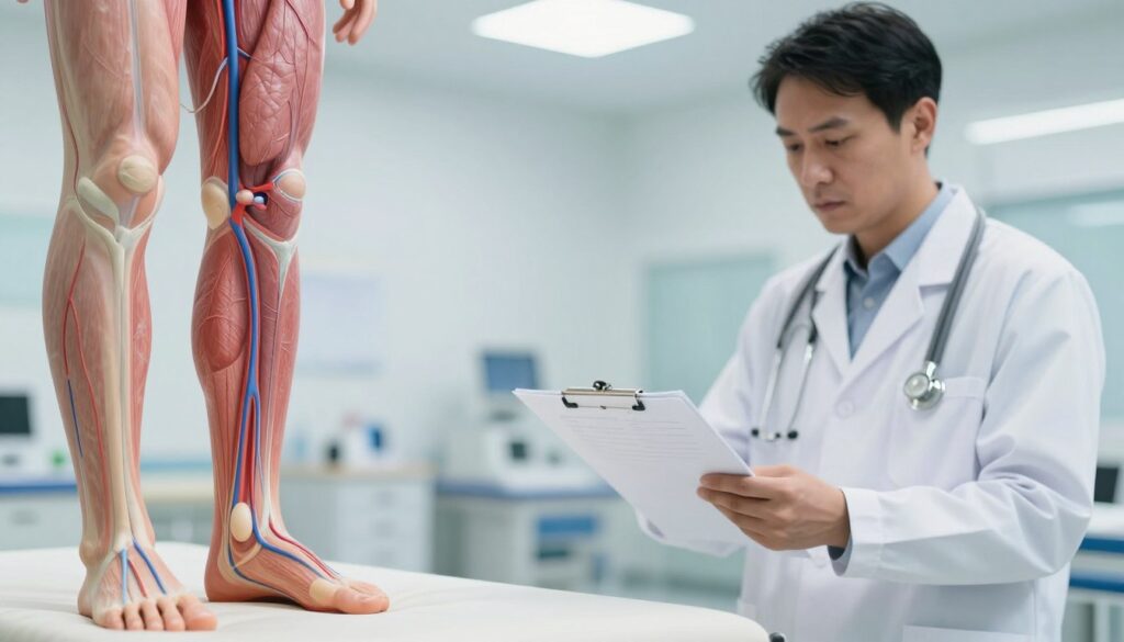A detailed illustration depicting the symptoms of deep vein thrombosis (DVT) and pulmonary embolism, set in a medical context. In the foreground, a near-life-size anatomical illustration of a human leg highlighting swollen veins, and a human lung with blocked arteries, clearly showing signs of thrombosis. In the middle ground, a healthcare professional in a lab coat examines a medical chart, emphasizing a serious yet informative expression, illustrating the clinical focus on these conditions. The background features a softly blurred hospital environment with bright, clinical lighting, conveying a sense of urgency and professionalism. The atmosphere should be focused and serious, reflecting the critical nature of diagnosing these conditions. A detailed illustration depicting the symptoms of deep vein thrombosis (DVT) and pulmonary embolism, set in a medical context. In the foreground, a near-life-size anatomical illustration of a human leg highlighting swollen veins, and a human lung with blocked arteries, clearly showing signs of thrombosis. In the middle ground, a healthcare professional in a lab coat examines a medical chart, emphasizing a serious yet informative expression, illustrating the clinical focus on these conditions. The background features a softly blurred hospital environment with bright, clinical lighting, conveying a sense of urgency and professionalism. The atmosphere should be focused and serious, reflecting the critical nature of diagnosing these conditions.