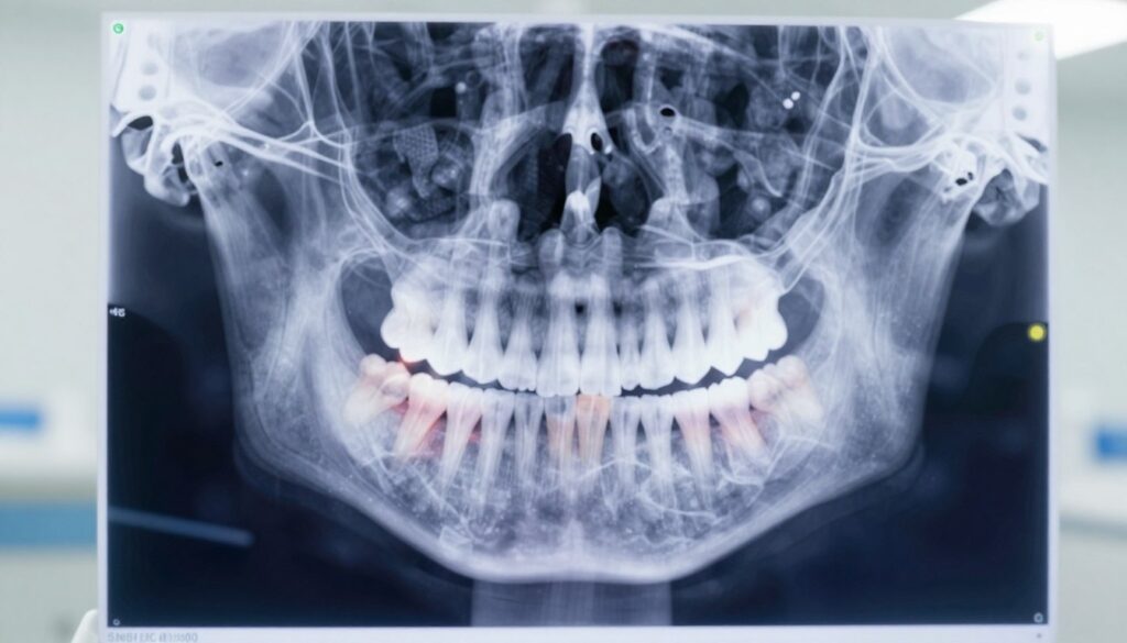 A detailed illustration of a 3D dental cone beam computed tomography (CBCT) scan focusing on the maxilla and mandible, showcasing intricate bone structures and dental arches. The foreground features a transparent, color-coded rendition of the jawbone with highlighted areas indicating potential dental issues. In the middle ground, a soft glow illuminates the CBCT images, enhancing depth perception and detail. The background consists of a subtle gradient that provides a clinical atmosphere, with soft white and pale blue tones that suggest a dental office setting. Utilize natural lighting to emphasize the advanced technology while maintaining a professional, sterile aesthetic. Ensure no text or logos are present in the image. A detailed illustration of a 3D dental cone beam computed tomography (CBCT) scan focusing on the maxilla and mandible, showcasing intricate bone structures and dental arches. The foreground features a transparent, color-coded rendition of the jawbone with highlighted areas indicating potential dental issues. In the middle ground, a soft glow illuminates the CBCT images, enhancing depth perception and detail. The background consists of a subtle gradient that provides a clinical atmosphere, with soft white and pale blue tones that suggest a dental office setting. Utilize natural lighting to emphasize the advanced technology while maintaining a professional, sterile aesthetic. Ensure no text or logos are present in the image.