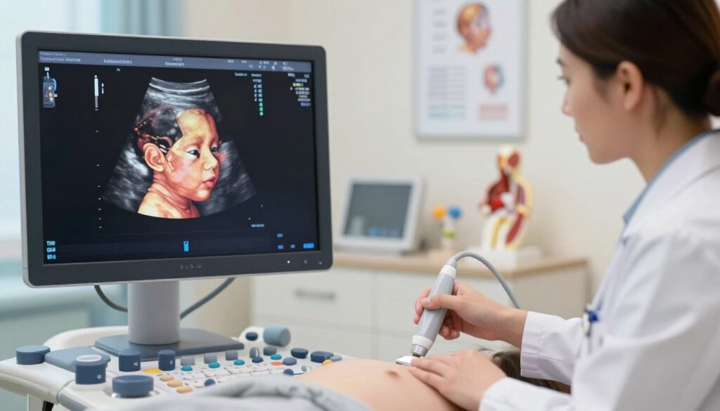 A detailed illustration of fetal head measurements in an ultrasound setting, showcasing the specific areas for THD (Transverse Head Diameter), CER (Cerebellar Diameter), and BPD (Biparietal Diameter). In the foreground, a high-resolution ultrasound screen displays these measurements clearly outlined, with a colorful representation of the fetal head. The middle layer shows a healthcare professional, dressed in a white lab coat, attentively examining the ultrasound results, using a transducer on a patient's abdomen. The background features a soothing clinic environment with soft lighting, medical charts, and anatomical models. The overall mood is professional and educational, emphasizing precision and care in prenatal diagnostics. A detailed illustration of fetal head measurements in an ultrasound setting, showcasing the specific areas for THD (Transverse Head Diameter), CER (Cerebellar Diameter), and BPD (Biparietal Diameter). In the foreground, a high-resolution ultrasound screen displays these measurements clearly outlined, with a colorful representation of the fetal head. The middle layer shows a healthcare professional, dressed in a white lab coat, attentively examining the ultrasound results, using a transducer on a patient's abdomen. The background features a soothing clinic environment with soft lighting, medical charts, and anatomical models. The overall mood is professional and educational, emphasizing precision and care in prenatal diagnostics.