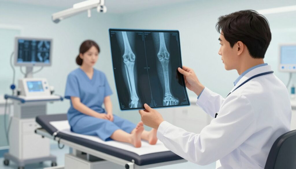 A detailed illustration showing a medical professional conducting an X-ray assessment of lower limbs in a clinical environment. In the foreground, a doctor in a white lab coat examines a digital X-ray on a screen, showcasing the intricate structure of the knee and ankle joints. The middle ground features a patient, dressed in medical scrubs, sitting on an examination table, with their feet positioned for imaging. In the background, a well-lit, modern radiology room is visible, with medical equipment and screens displaying skeletal images. The atmosphere is professional and focused, conveying the precision and care involved in lower limb radiography, captured using soft lighting to highlight the technological details.