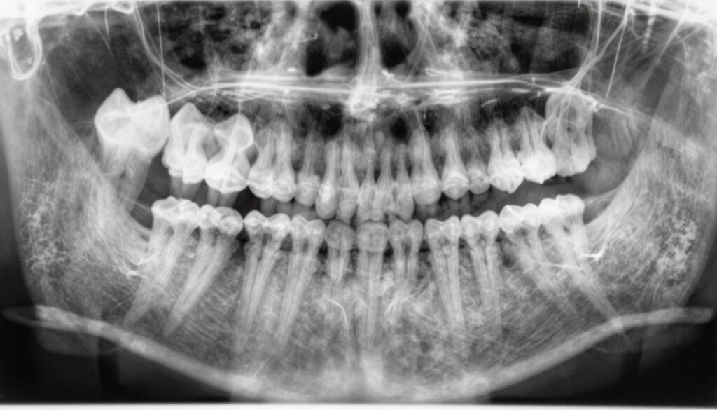 A detailed intraoral X-ray image showcasing a tooth with visible signs of infection and inflammation. In the foreground, focus on the affected molar with darkened areas around the root indicating periapical radiolucency, characteristic of an abscess. The middle section features adjacent teeth and a clear representation of bone structure, highlighting the contrast between healthy and infected areas. The background should be a soft gray to mimic an X-ray film, with soft, diffused lighting that emphasizes the details of the tooth and surrounding tissues. Capture the image at a straight-on angle to ensure clarity and precision for educational purposes, creating an informative and clinical atmosphere suitable for medical illustration. A detailed intraoral X-ray image showcasing a tooth with visible signs of infection and inflammation. In the foreground, focus on the affected molar with darkened areas around the root indicating periapical radiolucency, characteristic of an abscess. The middle section features adjacent teeth and a clear representation of bone structure, highlighting the contrast between healthy and infected areas. The background should be a soft gray to mimic an X-ray film, with soft, diffused lighting that emphasizes the details of the tooth and surrounding tissues. Capture the image at a straight-on angle to ensure clarity and precision for educational purposes, creating an informative and clinical atmosphere suitable for medical illustration.