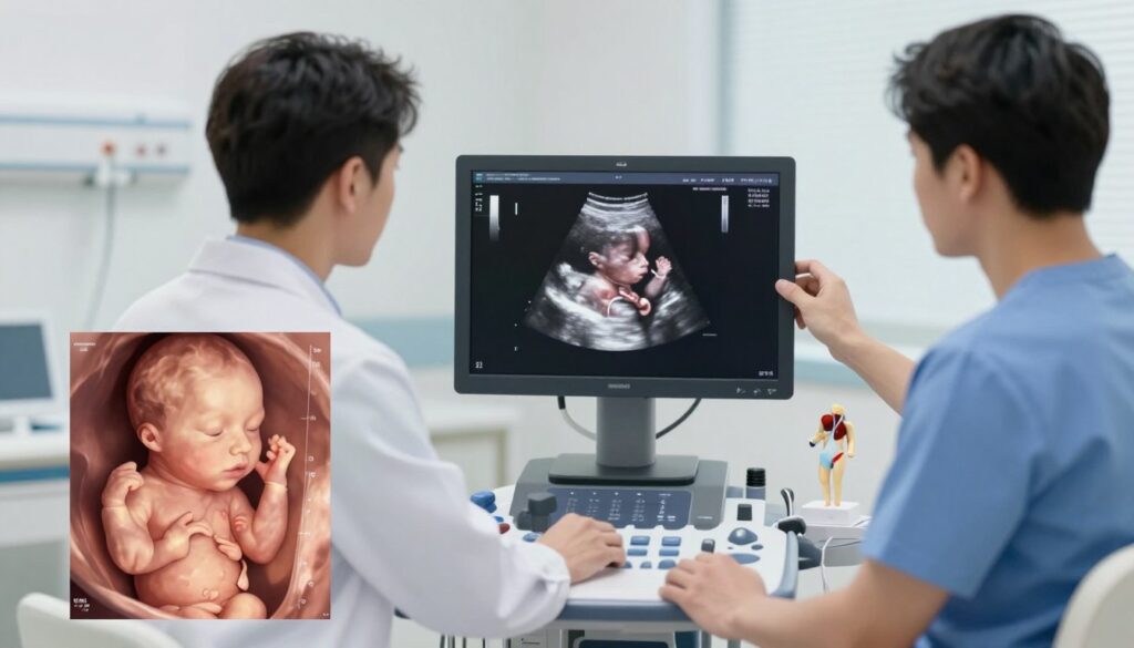 A detailed medical illustration depicting a prenatal ultrasound scan in the second and third trimesters of pregnancy. In the foreground, a clear, high-resolution image of a fetus in the womb, showcasing typical measurements such as head circumference, abdominal circumference, and femur length. The middle ground features medical professionals analyzing the ultrasound screen; one in a white lab coat and the other in scrubs, both looking intently at the image. The background includes a softly lit hospital room with medical equipment and anatomical models, creating an informative and professional atmosphere. The lighting is bright and neutral, highlighting the clarity of the ultrasound image, with a focus on conveying a sense of care and expertise in prenatal health. A detailed medical illustration depicting a prenatal ultrasound scan in the second and third trimesters of pregnancy. In the foreground, a clear, high-resolution image of a fetus in the womb, showcasing typical measurements such as head circumference, abdominal circumference, and femur length. The middle ground features medical professionals analyzing the ultrasound screen; one in a white lab coat and the other in scrubs, both looking intently at the image. The background includes a softly lit hospital room with medical equipment and anatomical models, creating an informative and professional atmosphere. The lighting is bright and neutral, highlighting the clarity of the ultrasound image, with a focus on conveying a sense of care and expertise in prenatal health.