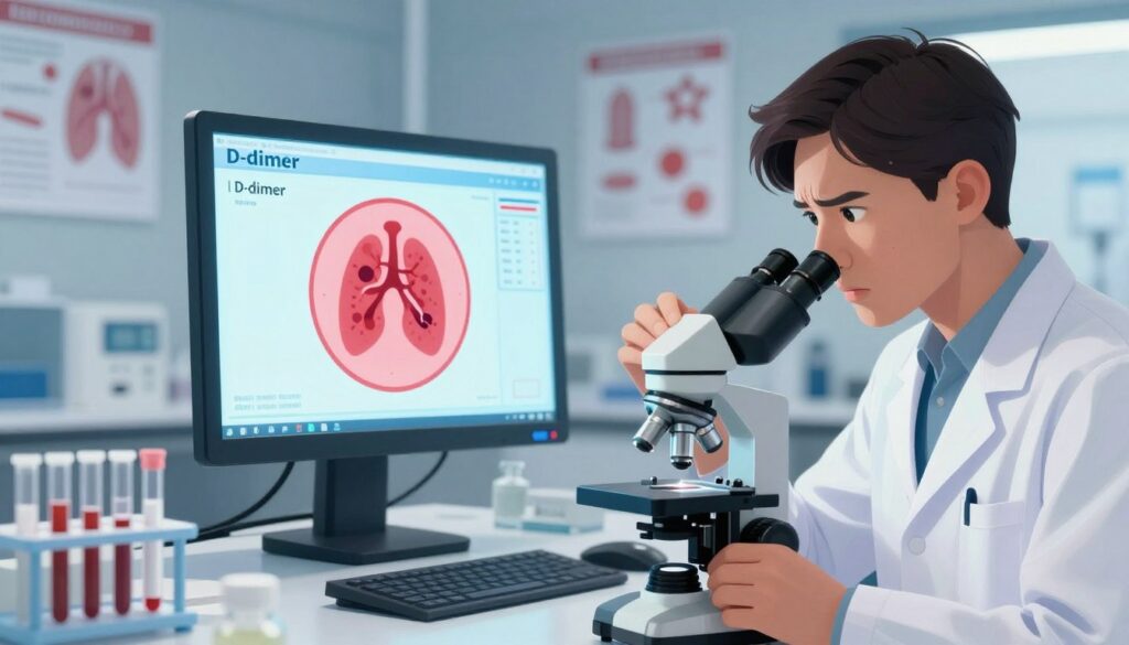 A detailed medical illustration focusing on elevated D-dimer levels and thrombosis, set in a clinical environment. In the foreground, a lab technician in professional attire is examining a blood sample with a microscope, looking concerned yet focused. In the middle ground, a digital representation of a D-dimer test result displays high values, vividly illustrated. The background features a softly lit laboratory with equipment, including test tubes and scientific posters on thrombosis. The lighting is bright but gentle, enhancing the clinical atmosphere and highlighting the significance of the findings. The overall mood is serious and informative, reflecting the critical nature of elevated D-dimer levels in diagnosing pulmonary embolism. A detailed medical illustration focusing on elevated D-dimer levels and thrombosis, set in a clinical environment. In the foreground, a lab technician in professional attire is examining a blood sample with a microscope, looking concerned yet focused. In the middle ground, a digital representation of a D-dimer test result displays high values, vividly illustrated. The background features a softly lit laboratory with equipment, including test tubes and scientific posters on thrombosis. The lighting is bright but gentle, enhancing the clinical atmosphere and highlighting the significance of the findings. The overall mood is serious and informative, reflecting the critical nature of elevated D-dimer levels in diagnosing pulmonary embolism.