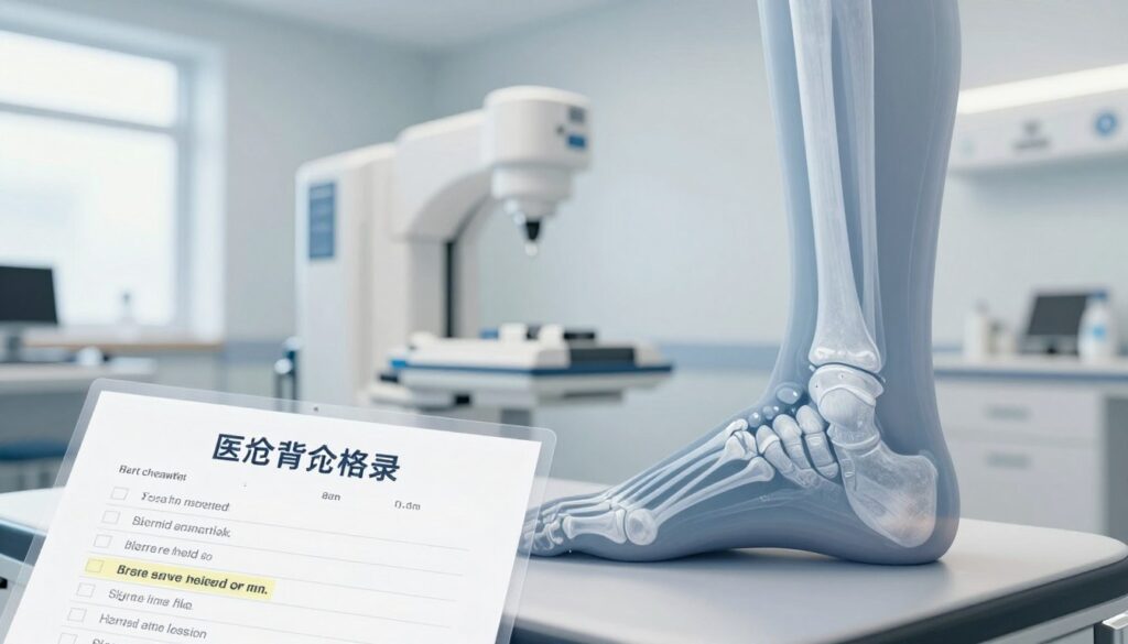 A detailed medical illustration of an X-ray image of a human foot, showcasing the bones and structures clearly, with emphasis on potential issues such as fractures or abnormalities. In the foreground, include a transparent overlay of a medical consultation checklist, subtly highlighting when an X-ray might be necessary. The middle ground features a sleek, modern hospital room with soft, natural lighting, emphasizing a clean and professional atmosphere. In the background, an X-ray machine is depicted, conveying the diagnostic process. The overall mood should be informative and clinical, aiming to educate the viewer about foot X-ray indications. The foot should be shown in a relaxed position, straightforward and clear, with no extraneous elements or distractions. A detailed medical illustration of an X-ray image of a human foot, showcasing the bones and structures clearly, with emphasis on potential issues such as fractures or abnormalities. In the foreground, include a transparent overlay of a medical consultation checklist, subtly highlighting when an X-ray might be necessary. The middle ground features a sleek, modern hospital room with soft, natural lighting, emphasizing a clean and professional atmosphere. In the background, an X-ray machine is depicted, conveying the diagnostic process. The overall mood should be informative and clinical, aiming to educate the viewer about foot X-ray indications. The foot should be shown in a relaxed position, straightforward and clear, with no extraneous elements or distractions.
