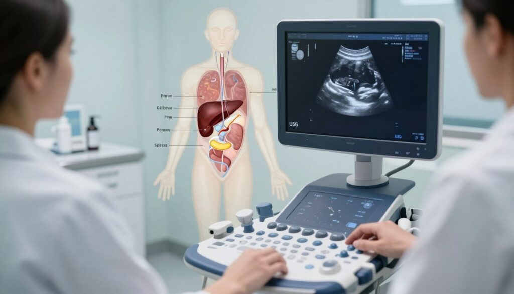 A detailed medical illustration of the abdominal ultrasound (USG) procedure, focusing on the organs examined during the examination. In the foreground, a professional medical technician operates an ultrasound machine, displaying a clear image of the abdominal organs on the monitor. The middle layer features a translucent outline of the human body, with highlighted areas for the liver, kidneys, gallbladder, pancreas, and spleen, all clearly labeled to indicate their positions. The background is a sterile examination room with soft, clinical lighting that casts gentle shadows, creating a calm, informative atmosphere. The camera angle is slightly above, providing a comprehensive view of the setup. The mood is educational and professional, ideal for a medical article. A detailed medical illustration of the abdominal ultrasound (USG) procedure, focusing on the organs examined during the examination. In the foreground, a professional medical technician operates an ultrasound machine, displaying a clear image of the abdominal organs on the monitor. The middle layer features a translucent outline of the human body, with highlighted areas for the liver, kidneys, gallbladder, pancreas, and spleen, all clearly labeled to indicate their positions. The background is a sterile examination room with soft, clinical lighting that casts gentle shadows, creating a calm, informative atmosphere. The camera angle is slightly above, providing a comprehensive view of the setup. The mood is educational and professional, ideal for a medical article.