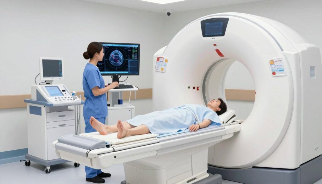 A detailed medical illustration showcasing a CT scanner in a bright, modern hospital setting, focusing on the process of contrast-enhanced tomography for cancer diagnostics. In the foreground, a patient, dressed in a hospital gown, lies on the scanner platform, while a radiologist in professional attire reviews the images on a computer screen in the middle ground. The background features advanced imaging equipment, clean lines, and soft, clinical lighting that emphasizes the sterile environment. The atmosphere conveys a sense of precision and hope, representing the advancements in medical technology for detecting tumors. Capture the scene from a slightly elevated angle, highlighting the interaction between the patient and the medical staff, as well as the intricate details of the CT scanner. A detailed medical illustration showcasing a CT scanner in a bright, modern hospital setting, focusing on the process of contrast-enhanced tomography for cancer diagnostics. In the foreground, a patient, dressed in a hospital gown, lies on the scanner platform, while a radiologist in professional attire reviews the images on a computer screen in the middle ground. The background features advanced imaging equipment, clean lines, and soft, clinical lighting that emphasizes the sterile environment. The atmosphere conveys a sense of precision and hope, representing the advancements in medical technology for detecting tumors. Capture the scene from a slightly elevated angle, highlighting the interaction between the patient and the medical staff, as well as the intricate details of the CT scanner.
