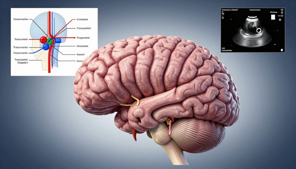 A detailed medical illustration showing the cerebellum with clear anatomical labels for its structure and functions. In the foreground, prominently display the cerebellum with intricate details of its gyri and sulci, highlighted in a soft yet focused lighting for clarity. In the middle ground, include a diagram of blood flow and key measurements related to transcranial Doppler ultrasound (TCD), represented with arrows and annotations in a professional style. The background should feature a subtle gradient to create depth, enhancing the scientific atmosphere. The overall mood should be informative and precise, suitable for a medical article. The illustration should exclude text overlays, maintaining a clean visual focus on the anatomical and measurement details. A detailed medical illustration showing the cerebellum with clear anatomical labels for its structure and functions. In the foreground, prominently display the cerebellum with intricate details of its gyri and sulci, highlighted in a soft yet focused lighting for clarity. In the middle ground, include a diagram of blood flow and key measurements related to transcranial Doppler ultrasound (TCD), represented with arrows and annotations in a professional style. The background should feature a subtle gradient to create depth, enhancing the scientific atmosphere. The overall mood should be informative and precise, suitable for a medical article. The illustration should exclude text overlays, maintaining a clean visual focus on the anatomical and measurement details.