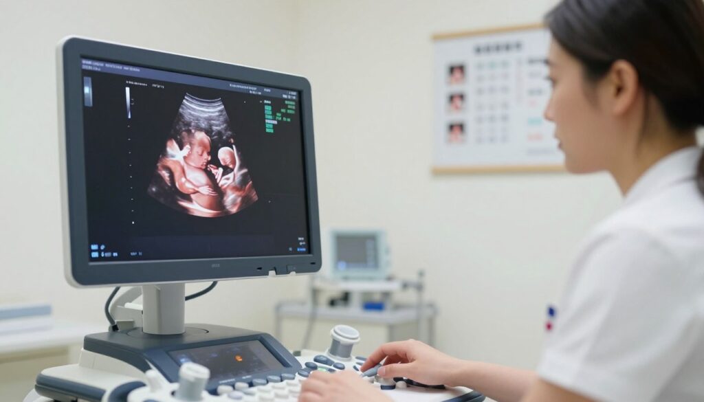 A detailed medical ultrasound image illustrating fetal weight estimation (EFW) in a clinical setting. In the foreground, a close-up of an ultrasound screen displaying a clear, comprehensive view of a fetus with accurate annotations on measurements related to estimated fetal weight. The middle ground features a healthcare professional, dressed in professional attire, focused on analyzing the ultrasound results, using a modern ultrasound machine. In the background, the room should appear sterile and well-lit, with appropriate medical equipment and charts subtly visible. Soft, natural lighting enhances the atmosphere of professionalism and calm, emphasizing the importance of accurate fetal assessments in prenatal care. A detailed medical ultrasound image illustrating fetal weight estimation (EFW) in a clinical setting. In the foreground, a close-up of an ultrasound screen displaying a clear, comprehensive view of a fetus with accurate annotations on measurements related to estimated fetal weight. The middle ground features a healthcare professional, dressed in professional attire, focused on analyzing the ultrasound results, using a modern ultrasound machine. In the background, the room should appear sterile and well-lit, with appropriate medical equipment and charts subtly visible. Soft, natural lighting enhances the atmosphere of professionalism and calm, emphasizing the importance of accurate fetal assessments in prenatal care.