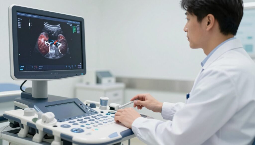 A detailed, professional ultrasound scene illustrating the urinary system, featuring a focus on the kidneys and urinary tract. The foreground showcases a sleek ultrasound machine with a digital screen displaying a detailed image of the kidneys and surrounding organs. In the middle, a medical professional, dressed in a lab coat, is seen attentively examining the ultrasound images. The background presents a clean, well-lit medical environment, with soft, ambient light enhancing the clarity of the scene. The mood is calm and clinical, evoking professionalism and care. The perspective captures both the ultrasound machine and the medical professional, emphasizing the importance of the procedure in understanding kidney health. A detailed, professional ultrasound scene illustrating the urinary system, featuring a focus on the kidneys and urinary tract. The foreground showcases a sleek ultrasound machine with a digital screen displaying a detailed image of the kidneys and surrounding organs. In the middle, a medical professional, dressed in a lab coat, is seen attentively examining the ultrasound images. The background presents a clean, well-lit medical environment, with soft, ambient light enhancing the clarity of the scene. The mood is calm and clinical, evoking professionalism and care. The perspective captures both the ultrasound machine and the medical professional, emphasizing the importance of the procedure in understanding kidney health.