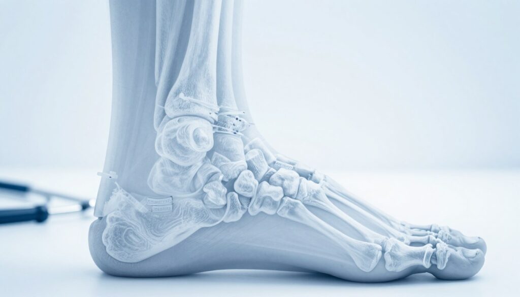 A detailed radiographic image showcasing an X-ray of the midfoot bones, specifically focusing on the metatarsals and tarsal bones. The foreground should highlight the skeletal structure, with clear visibility of each bone's alignment and any potential abnormalities. In the middle ground, introduce subtle hints of anatomical labels or softly blurred medical tools, enhancing the clinical setting without overt distractions. The background should remain minimalistic, potentially featuring a soft gradient in pale blue or white to convey a sterile, professional atmosphere typical of a medical environment. Lighting should be bright and clear, illuminating the bones to emphasize their contours and details. Aim for a mood of precision and professionalism, suitable for educational content on foot radiography. A detailed radiographic image showcasing an X-ray of the midfoot bones, specifically focusing on the metatarsals and tarsal bones. The foreground should highlight the skeletal structure, with clear visibility of each bone's alignment and any potential abnormalities. In the middle ground, introduce subtle hints of anatomical labels or softly blurred medical tools, enhancing the clinical setting without overt distractions. The background should remain minimalistic, potentially featuring a soft gradient in pale blue or white to convey a sterile, professional atmosphere typical of a medical environment. Lighting should be bright and clear, illuminating the bones to emphasize their contours and details. Aim for a mood of precision and professionalism, suitable for educational content on foot radiography.