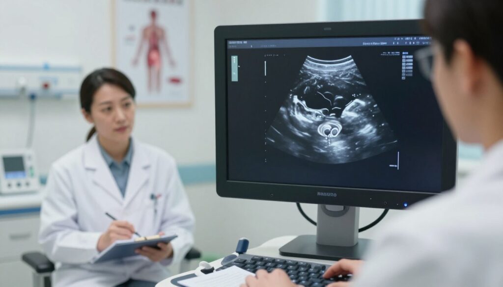 A detailed ultrasound examination of the urinary bladder, showcasing a cross-sectional view. In the foreground, display a clear, detailed image of the bladder as seen on the ultrasound monitor, with distinct outlines and internal structures visible. In the middle ground, include a medical professional, dressed in a lab coat, attentively observing the monitor and taking notes, emphasizing a clinical environment. In the background, softly illuminated hospital room with medical equipment and posters related to urology. The lighting should be bright but soft, creating a sterile yet calm atmosphere, with a slight focus on the monitor to draw viewers into the examination process. The image should appear educational and informative, free from any text or watermarks. A detailed ultrasound examination of the urinary bladder, showcasing a cross-sectional view. In the foreground, display a clear, detailed image of the bladder as seen on the ultrasound monitor, with distinct outlines and internal structures visible. In the middle ground, include a medical professional, dressed in a lab coat, attentively observing the monitor and taking notes, emphasizing a clinical environment. In the background, softly illuminated hospital room with medical equipment and posters related to urology. The lighting should be bright but soft, creating a sterile yet calm atmosphere, with a slight focus on the monitor to draw viewers into the examination process. The image should appear educational and informative, free from any text or watermarks.