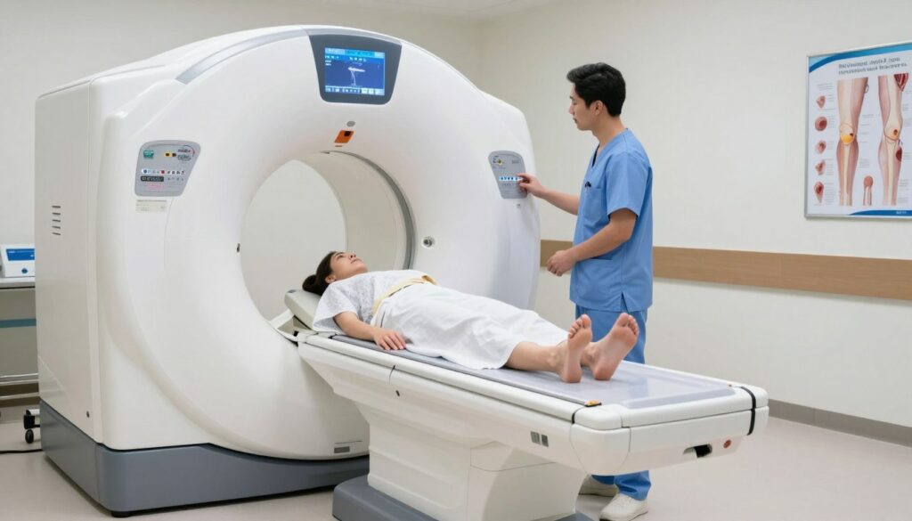 A focused view of a modern MRI machine in a clinical setting, specifically designed for knee scans. In the foreground, the sleek, white MRI machine is highlighted, showcasing its advanced technology with glowing screens displaying medical data. In the middle ground, a healthcare professional in scrubs stands near the machine, ready to assist a patient, who is comfortably positioned inside the MRI tube, wearing a modest hospital gown. The setting has bright, sterile lighting that enhances the clean atmosphere, with subtle shadows adding depth. In the background, medical posters about knee anatomy and MRI processes are visible, enriching the educational aspect of the scene. The overall mood is calm and reassuring, emphasizing professionalism in a medical environment.