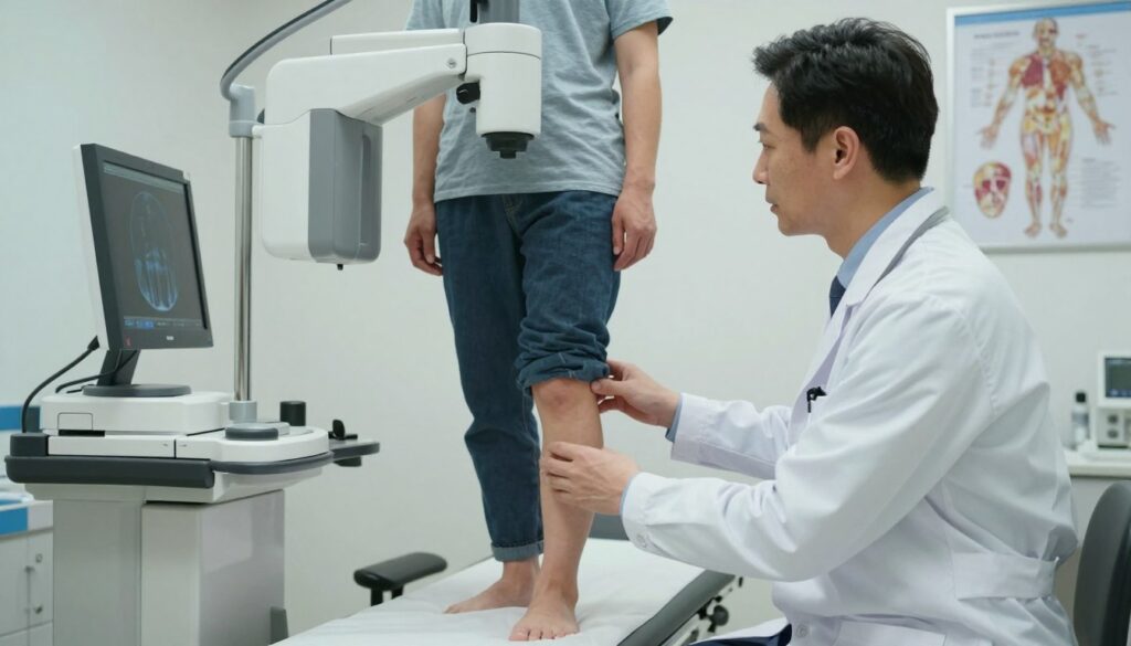 A healthcare professional in a clinical setting, preparing a patient for a lower limb X-ray examination in a standing position. The foreground features a focused doctor, dressed in a lab coat and professional attire, adjusting the equipment. The middle scene shows a patient, in modest casual clothing, standing upright while an X-ray machine is positioned beside them. The background depicts a clean and well-organized medical room, with posters of anatomical diagrams on the walls and an X-ray monitor displaying images faintly. Soft, even lighting illuminates the space, creating a calming atmosphere, while the angle is slightly tilted to capture both the patient and the professional's engagement in the process. The image conveys a sense of trust and professionalism.