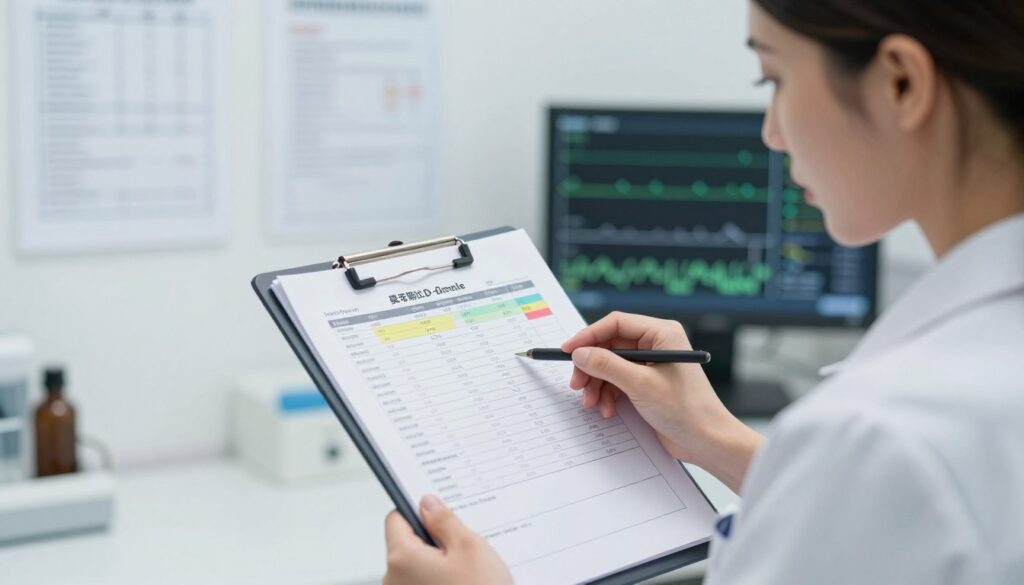 A healthcare professional in a well-lit clinic setting, analyzing blood test results on a clipboard, with a focus on elevated D-dimer levels during pregnancy. In the foreground, the professional, a woman dressed in professional business attire, is intently studying the data, showcasing concern and concentration. In the middle ground, the clipboard prominently displays highlighted test results, with elevated D-dimer numbers clearly visible. The background features medical charts and a digital monitor showing vital signs, creating a clinical atmosphere. Soft, natural lighting highlights the scene, emphasizing the serious nature of the discussion while maintaining a hopeful undertone that connects with expectant mothers. The image evokes a mood of professionalism, care, and careful monitoring during pregnancy. A healthcare professional in a well-lit clinic setting, analyzing blood test results on a clipboard, with a focus on elevated D-dimer levels during pregnancy. In the foreground, the professional, a woman dressed in professional business attire, is intently studying the data, showcasing concern and concentration. In the middle ground, the clipboard prominently displays highlighted test results, with elevated D-dimer numbers clearly visible. The background features medical charts and a digital monitor showing vital signs, creating a clinical atmosphere. Soft, natural lighting highlights the scene, emphasizing the serious nature of the discussion while maintaining a hopeful undertone that connects with expectant mothers. The image evokes a mood of professionalism, care, and careful monitoring during pregnancy.