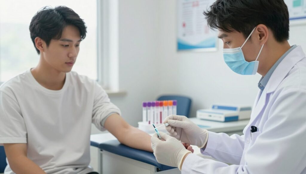A healthcare professional wearing a white lab coat and gloves is gently preparing to draw blood from a patient seated comfortably in a well-lit, sterile blood collection area. In the foreground, a close-up shows the technician's focused expression and the gleaming needle ready for blood draw. The patient looks relaxed, wearing a simple, modest shirt. The middle background features medical equipment like test tubes and a D-dimer test kit, highlighting the purpose of the blood collection. Soft, natural light filters through the window, creating a calm and reassuring atmosphere. The background is minimally decorated with medical posters and charts, reinforcing the clinical setting without distraction. The image conveys professionalism and care in the medical process of blood sampling for D-dimer testing. A healthcare professional wearing a white lab coat and gloves is gently preparing to draw blood from a patient seated comfortably in a well-lit, sterile blood collection area. In the foreground, a close-up shows the technician's focused expression and the gleaming needle ready for blood draw. The patient looks relaxed, wearing a simple, modest shirt. The middle background features medical equipment like test tubes and a D-dimer test kit, highlighting the purpose of the blood collection. Soft, natural light filters through the window, creating a calm and reassuring atmosphere. The background is minimally decorated with medical posters and charts, reinforcing the clinical setting without distraction. The image conveys professionalism and care in the medical process of blood sampling for D-dimer testing.