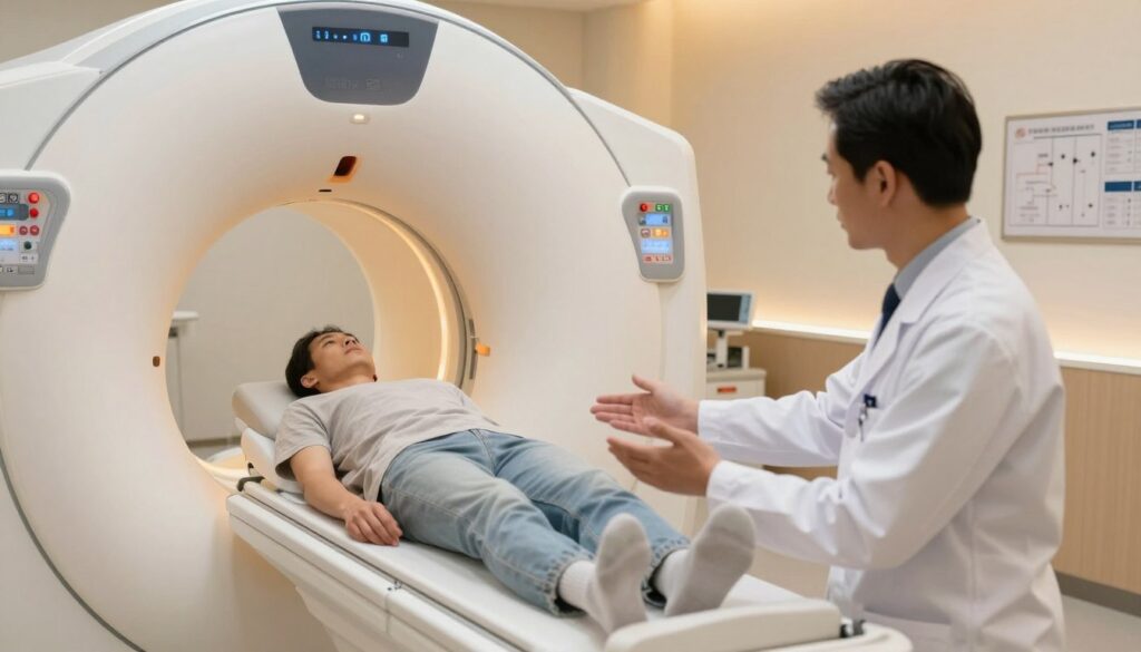 A healthcare setting focusing on a patient preparing for an MRI with contrast. The foreground features a calm, professional medical technician in a lab coat, explaining the procedure to a patient in modest casual clothing, who looks slightly anxious but reassured. In the middle, an MRI machine is prominently displayed, with its sleek, metallic surface reflecting soft, warm lighting that creates a welcoming atmosphere. The background includes medical equipment and charts on the walls, subtly lit for an organized and sterile environment. The angle is slightly tilted, capturing both the technician and the MRI machine in a balanced composition, conveying a sense of professionalism and care, with an overall mood of reassurance and preparedness. A healthcare setting focusing on a patient preparing for an MRI with contrast. The foreground features a calm, professional medical technician in a lab coat, explaining the procedure to a patient in modest casual clothing, who looks slightly anxious but reassured. In the middle, an MRI machine is prominently displayed, with its sleek, metallic surface reflecting soft, warm lighting that creates a welcoming atmosphere. The background includes medical equipment and charts on the walls, subtly lit for an organized and sterile environment. The angle is slightly tilted, capturing both the technician and the MRI machine in a balanced composition, conveying a sense of professionalism and care, with an overall mood of reassurance and preparedness.