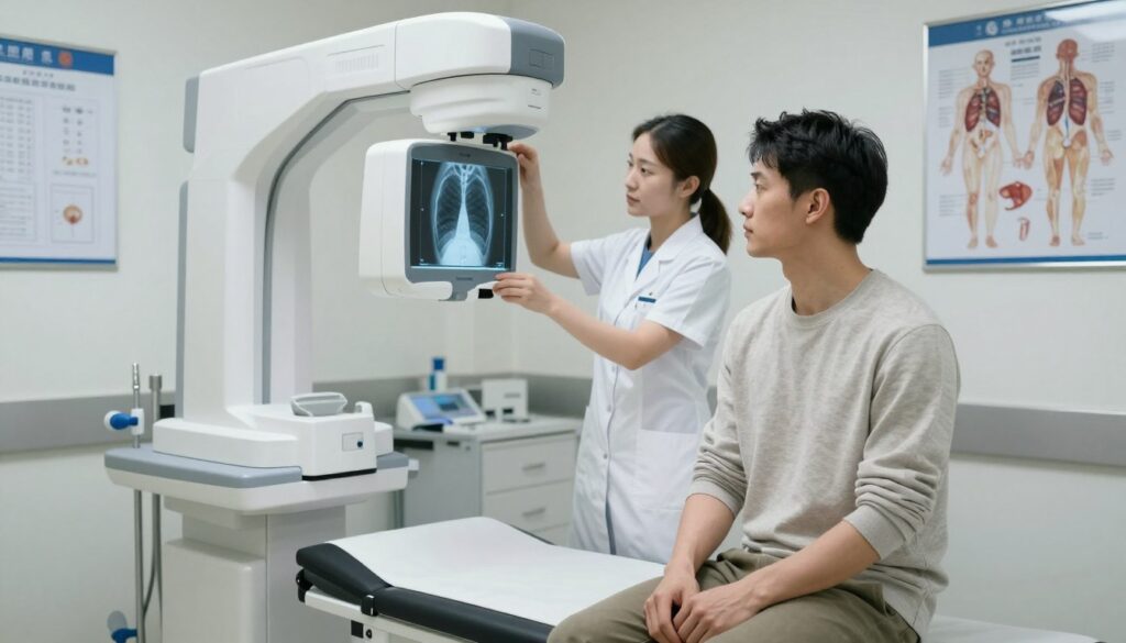 A medical examination room featuring a patient preparing for a sinus X-ray. In the foreground, a patient dressed in modest casual clothing sits on an examination table, looking calm yet slightly apprehensive. The middle layer includes a radiology technician in professional attire, adjusting the X-ray machine, which is sleek and modern, poised to capture the image of the patient's sinus area. In the background, medical charts and anatomical posters of sinus anatomy adorn the walls, illuminated by soft, clinical lighting that creates a calm atmosphere. The angle is slightly elevated to capture both the patient and the equipment, emphasizing the technological aspect of medical imaging. The overall mood is professional and supportive, highlighting the importance of preparation for the X-ray procedure. A medical examination room featuring a patient preparing for a sinus X-ray. In the foreground, a patient dressed in modest casual clothing sits on an examination table, looking calm yet slightly apprehensive. The middle layer includes a radiology technician in professional attire, adjusting the X-ray machine, which is sleek and modern, poised to capture the image of the patient's sinus area. In the background, medical charts and anatomical posters of sinus anatomy adorn the walls, illuminated by soft, clinical lighting that creates a calm atmosphere. The angle is slightly elevated to capture both the patient and the equipment, emphasizing the technological aspect of medical imaging. The overall mood is professional and supportive, highlighting the importance of preparation for the X-ray procedure.