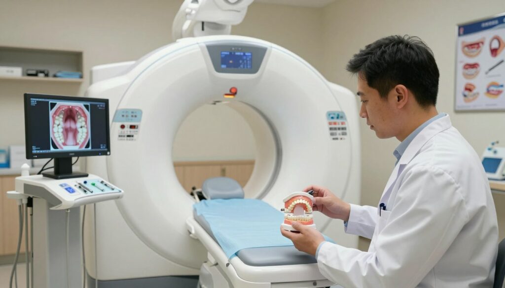 A medical examination room featuring a state-of-the-art CBCT machine, set against soft, ambient lighting that creates a calm and professional atmosphere. In the foreground, a dentist in a white coat examines a 3D printed dental model, showcasing detailed anatomy and the precision of CBCT imaging. In the middle ground, the sleek CBCT machine stands prominently, surrounded by digital monitors displaying cross-sectional images of dental structures. The background includes shelves with dental tools and educational posters relevant to CBCT usage. The composition emphasizes clarity and professionalism, with a focus on the technological aspects of the CBCT process and its application in dentistry. The overall mood is informative and reassuring.