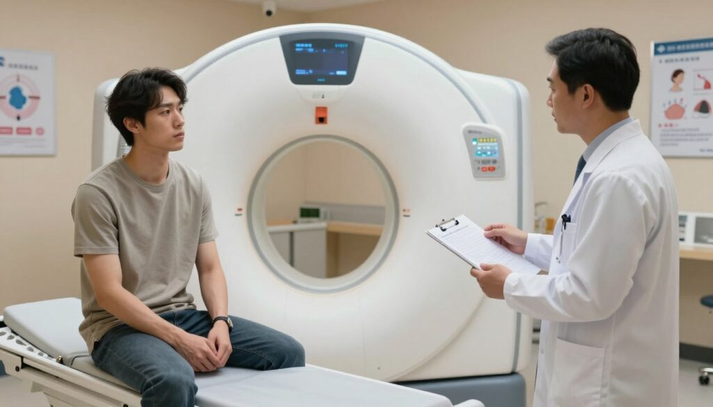 A medical examination room focused on preparing for an MRI with contrast. In the foreground, a patient in modest casual clothing sits on a medical examination table, looking slightly anxious yet calm. A healthcare professional in a white lab coat is explaining procedures, holding a clipboard with clear instructions. In the middle, a high-tech MRI machine looms, prominently displaying its cylindrical opening and control panel. The background features soft, diffused lighting that creates a clinical yet welcoming atmosphere. The walls are painted in soothing colors with medical posters illustrating MRI processes and safety protocols. The angle captures both the patient’s and healthcare worker’s expressions, conveying a sense of reassurance and professionalism in this critical moment of medical preparation. A medical examination room focused on preparing for an MRI with contrast. In the foreground, a patient in modest casual clothing sits on a medical examination table, looking slightly anxious yet calm. A healthcare professional in a white lab coat is explaining procedures, holding a clipboard with clear instructions. In the middle, a high-tech MRI machine looms, prominently displaying its cylindrical opening and control panel. The background features soft, diffused lighting that creates a clinical yet welcoming atmosphere. The walls are painted in soothing colors with medical posters illustrating MRI processes and safety protocols. The angle captures both the patient’s and healthcare worker’s expressions, conveying a sense of reassurance and professionalism in this critical moment of medical preparation.