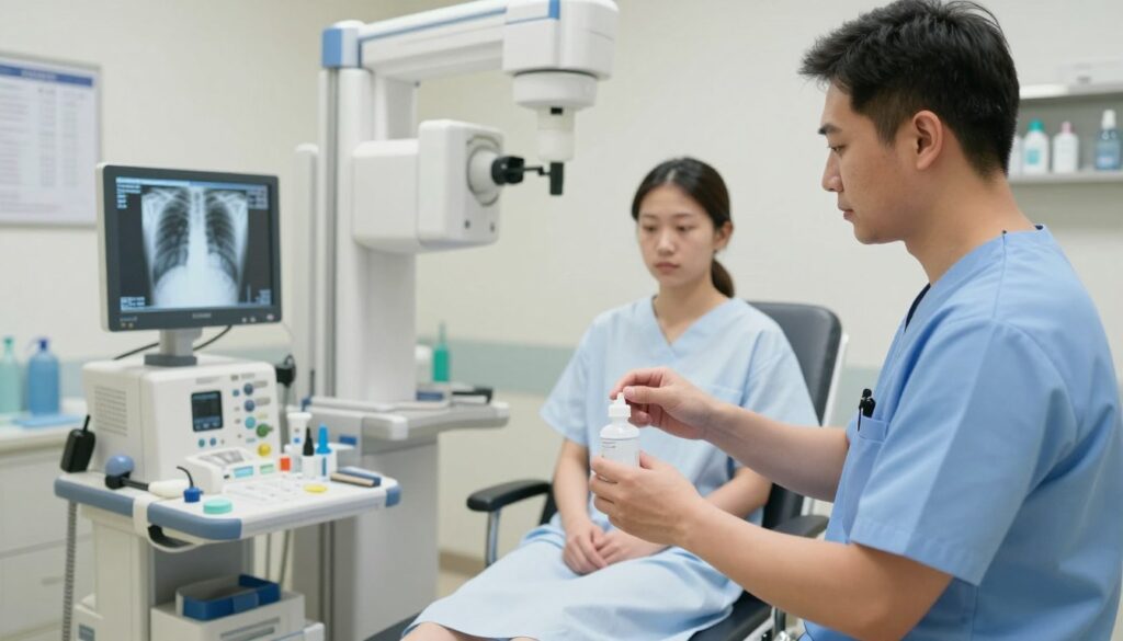 A medical examination room set up for a contrast X-ray procedure. In the foreground, a healthcare professional in scrubs prepares a contrast solution, looking focused and professional. In the middle, medical equipment like an X-ray machine and a monitor display vivid images. A patient, dressed in a modest hospital gown, sits on an exam table, appearing calm and ready. The background features a tidy, well-lit room with medical charts and sterile instruments on shelves. Soft, natural lighting illuminates the scene to create a clinical yet reassuring atmosphere. The overall mood conveys professionalism, readiness, and the importance of proper preparation for medical procedures. A medical examination room set up for a contrast X-ray procedure. In the foreground, a healthcare professional in scrubs prepares a contrast solution, looking focused and professional. In the middle, medical equipment like an X-ray machine and a monitor display vivid images. A patient, dressed in a modest hospital gown, sits on an exam table, appearing calm and ready. The background features a tidy, well-lit room with medical charts and sterile instruments on shelves. Soft, natural lighting illuminates the scene to create a clinical yet reassuring atmosphere. The overall mood conveys professionalism, readiness, and the importance of proper preparation for medical procedures.