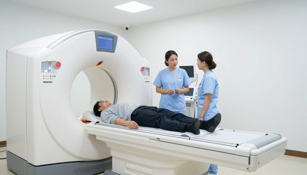 A medical imaging room featuring a high-tech CT scanner prominently in the foreground, with bright, sterile white walls and soft overhead lighting creating a calm atmosphere. In the middle, a nurse in professional attire provides clear instructions to a patient dressed in modest clothing, who is preparing to undergo the CT scan. Various medical equipment and monitoring devices can be seen in the background, subtly reflecting the advanced technology. The angle captures both the scanner and the interaction between the nurse and patient, emphasizing an atmosphere of care and professionalism, while ensuring a reassuring environment that's conducive to the examination process. A medical imaging room featuring a high-tech CT scanner prominently in the foreground, with bright, sterile white walls and soft overhead lighting creating a calm atmosphere. In the middle, a nurse in professional attire provides clear instructions to a patient dressed in modest clothing, who is preparing to undergo the CT scan. Various medical equipment and monitoring devices can be seen in the background, subtly reflecting the advanced technology. The angle captures both the scanner and the interaction between the nurse and patient, emphasizing an atmosphere of care and professionalism, while ensuring a reassuring environment that's conducive to the examination process.